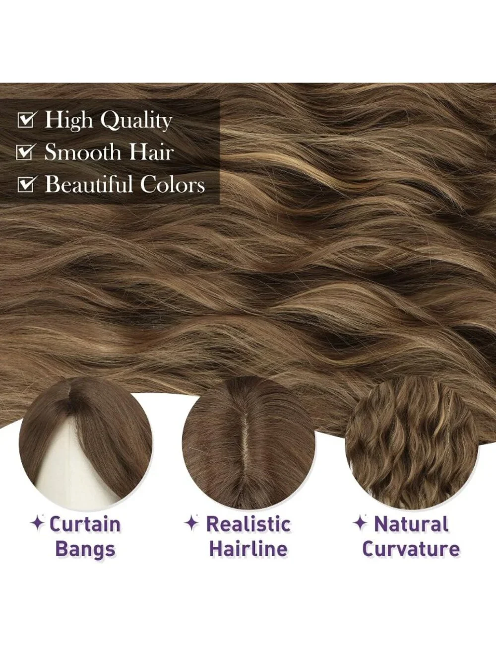 Women's Brown Mixed Blonde 26 Inch Heat Resistant Curtain Bangs Long Wavy Wigs
